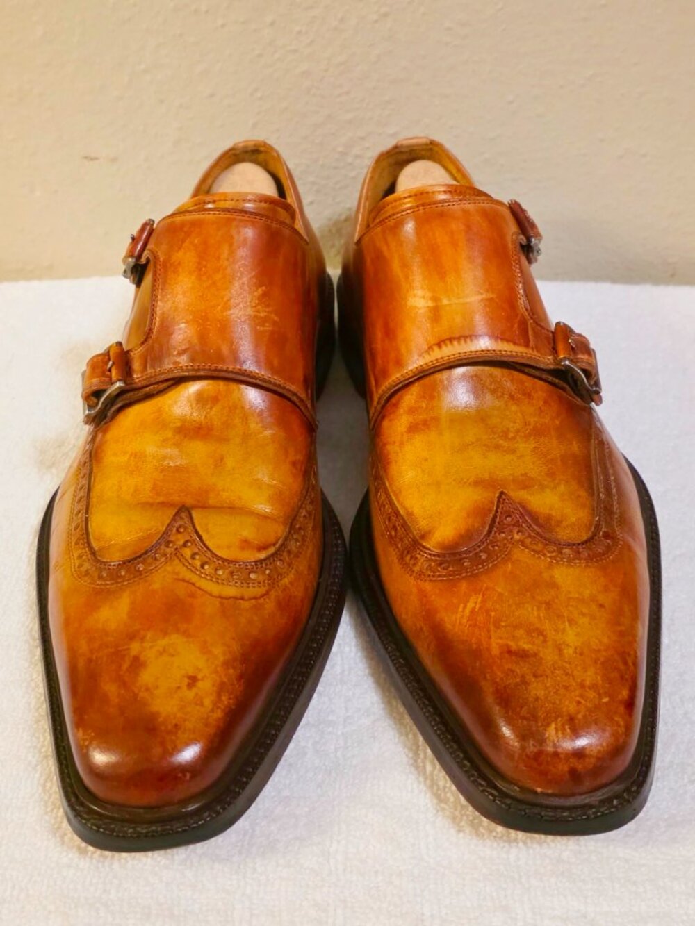 Magnanni 7-M Tan Double Monkstrap Wingtip Leather Mens Dress Shoes